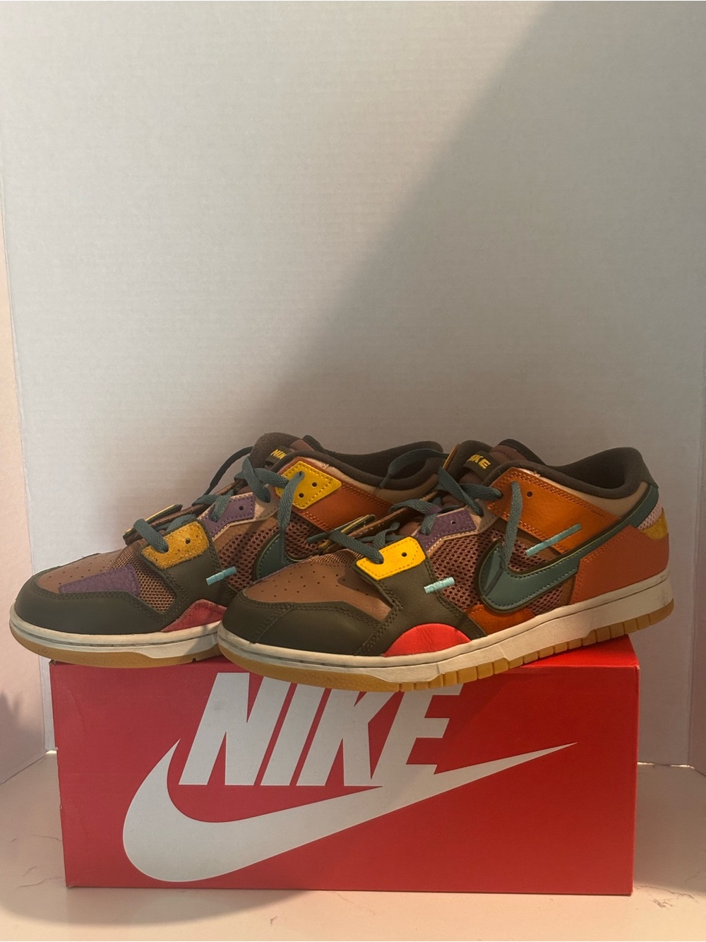 Nike Multicolor Low-Top Skate Sneakers in Brown, Orange & Green Nike Dunk “Scrap